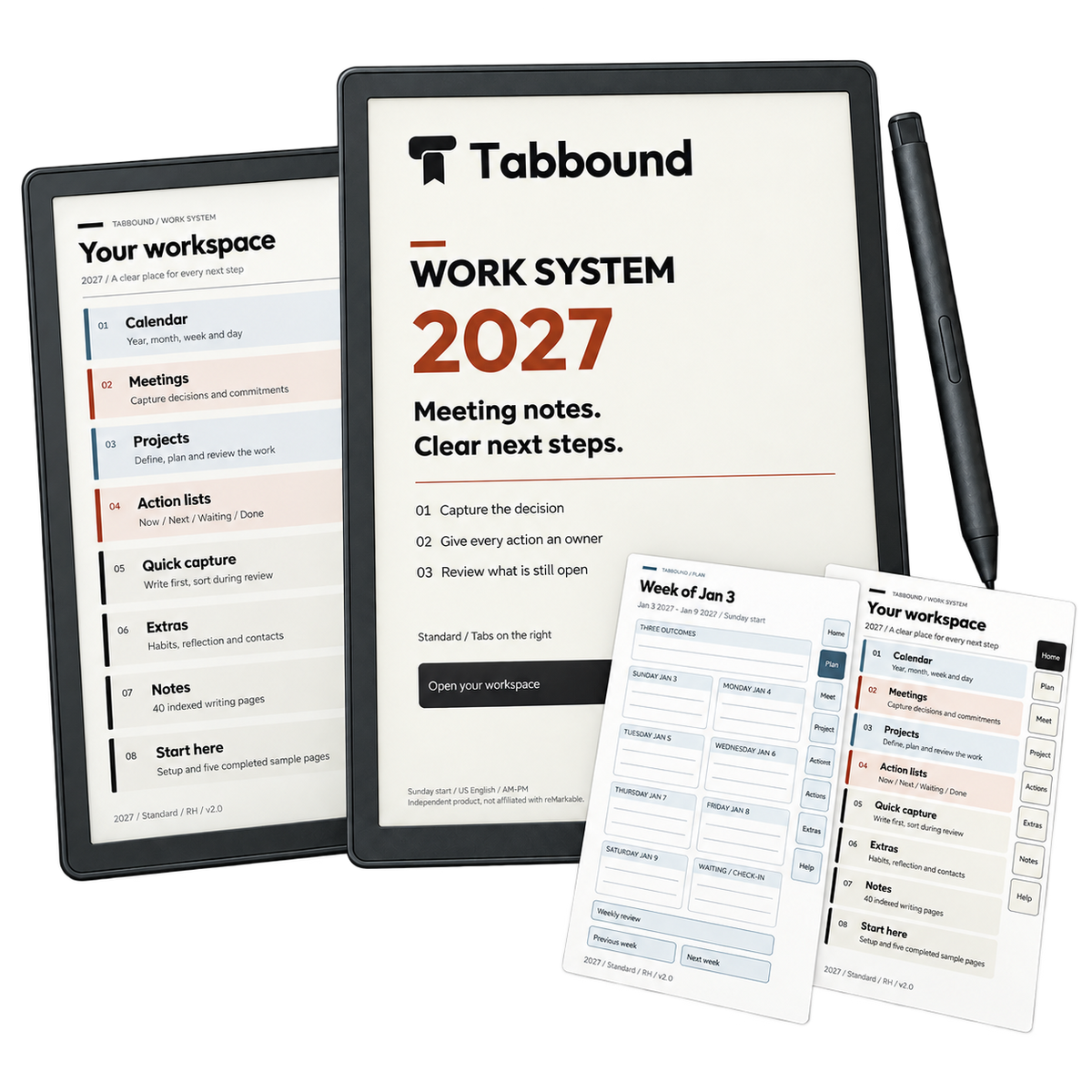 Everything included in the Tabbound Work System: three years, four files per year